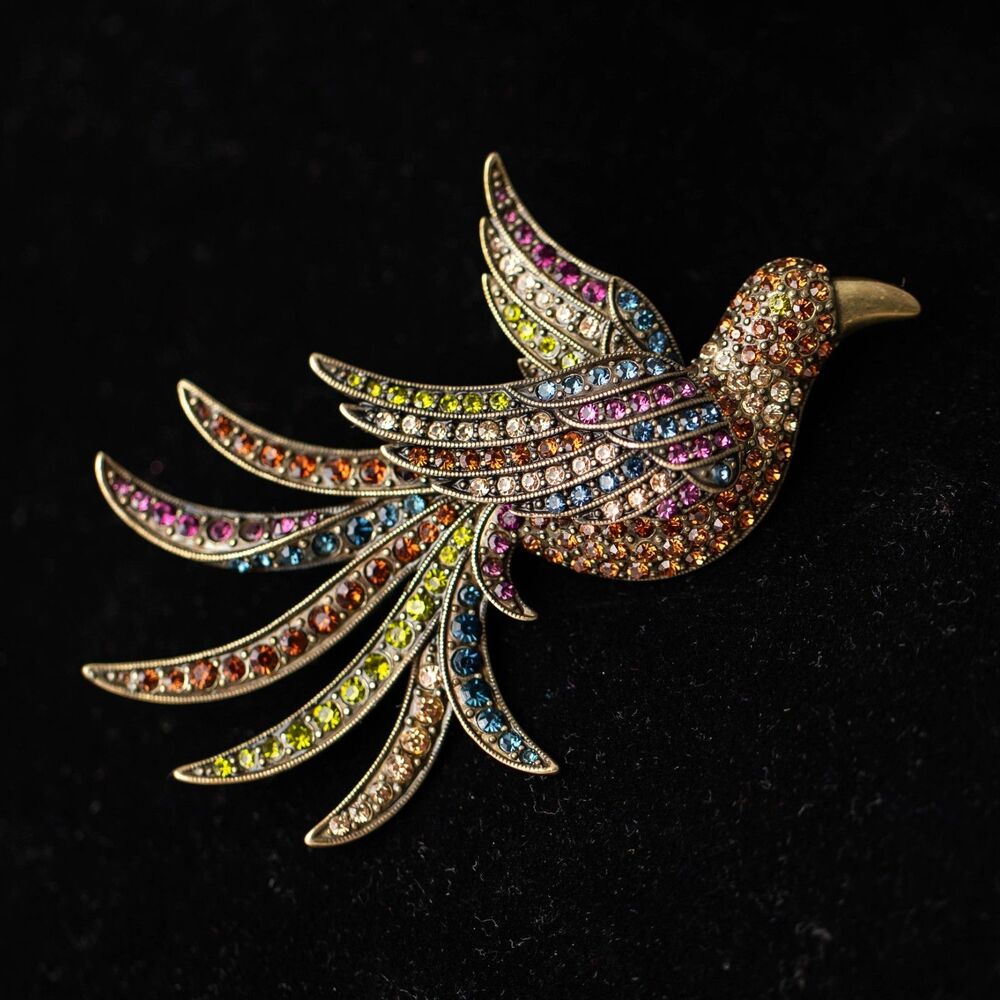 Vintage Heidi Daus Bird Brooch Multicolor Rhinestone Gold Tone Pin Signed UTC